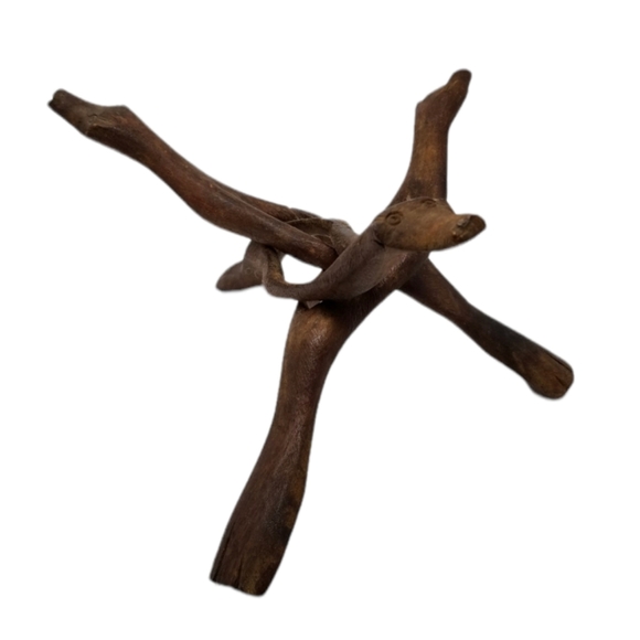 Wood Carved Folk Art Sculpture Creature Face Snake Stand Primitive Interlocking - Picture 4 of 15